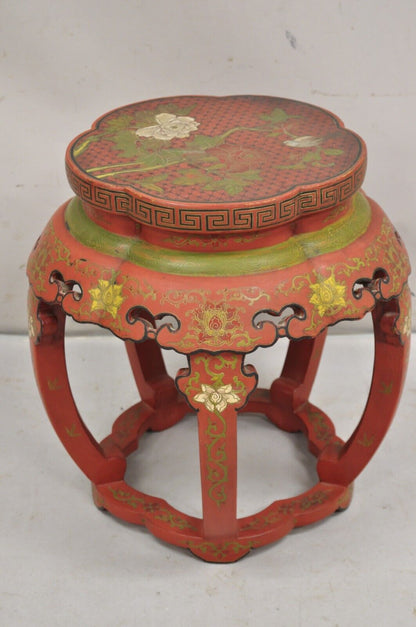 Vintage Chinoiserie Red Lacquer Chinese Drum Stool w Hand Painted Bird & Flowers