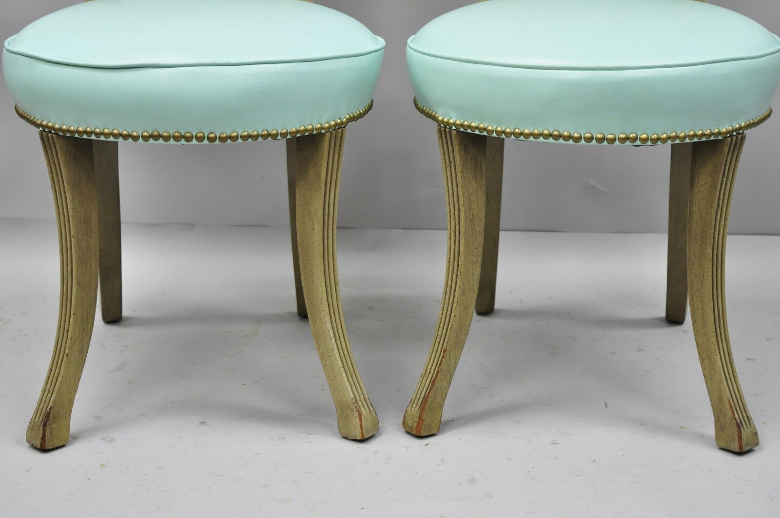 Pair of Carved Mahogany French Regency Style Chairs w/ Brass Handle & Aqua Vinyl