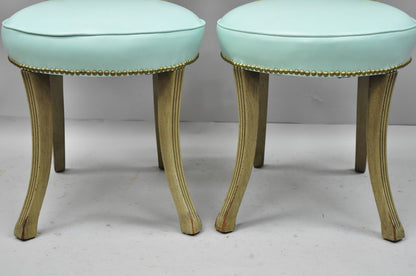 Pair of Carved Mahogany French Regency Style Chairs w/ Brass Handle & Aqua Vinyl