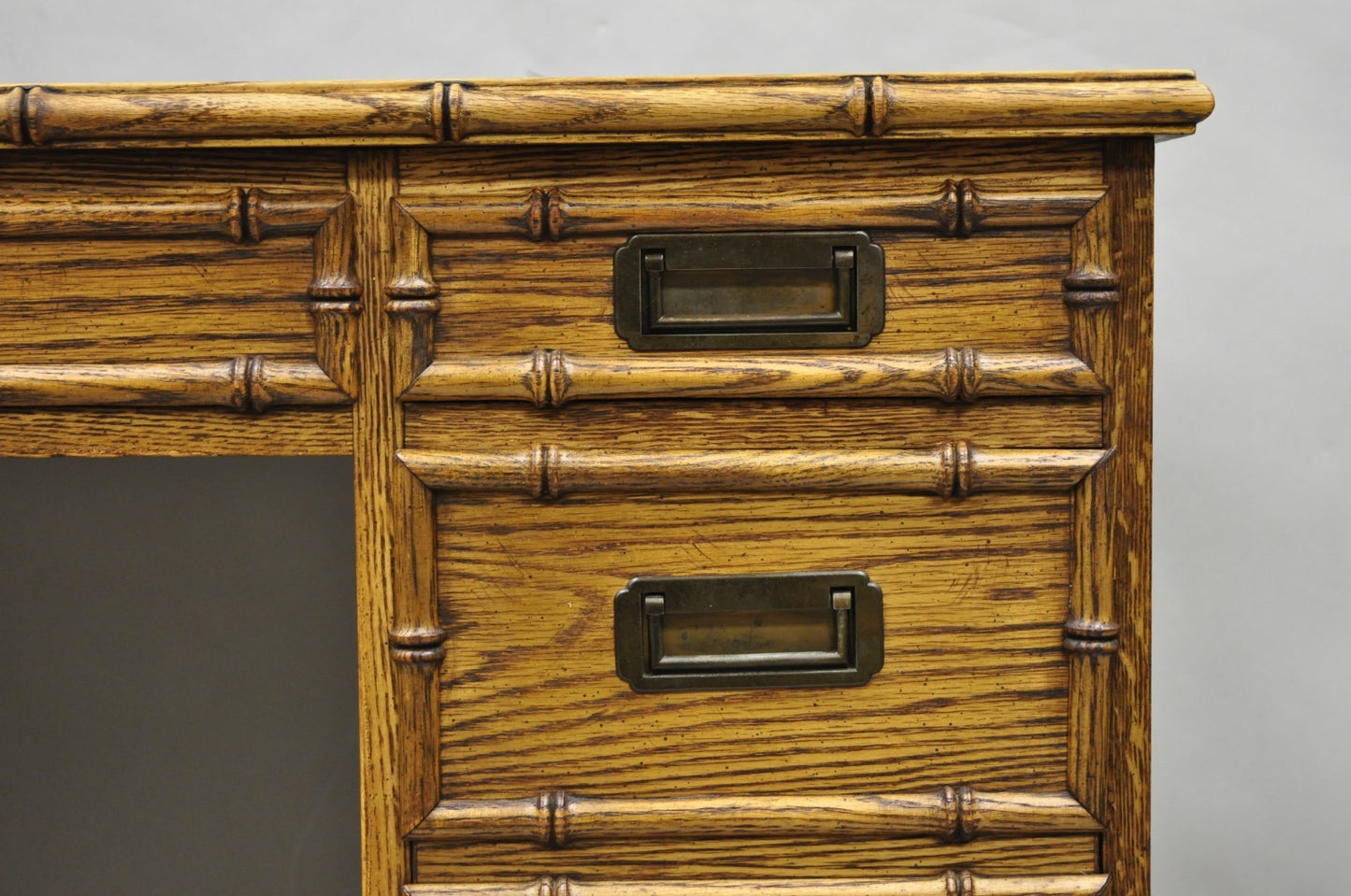Vintage Hollywood Regency Faux Bamboo Campaign Style Kneehole Desk by Sligh