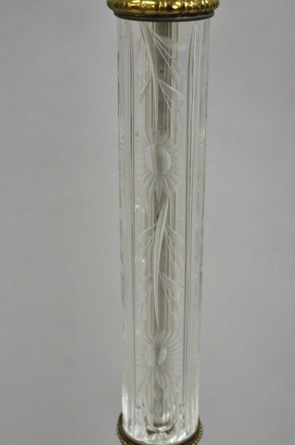 Vintage Neoclassical Style Floral Etched Glass Column Brass Reading Floor Lamp