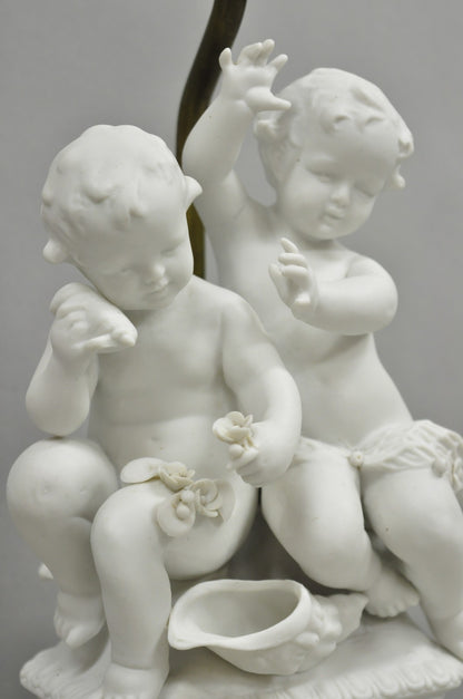 Antique French Parian Bisque Porcelain White Double Cherub & Shell Table Lamp