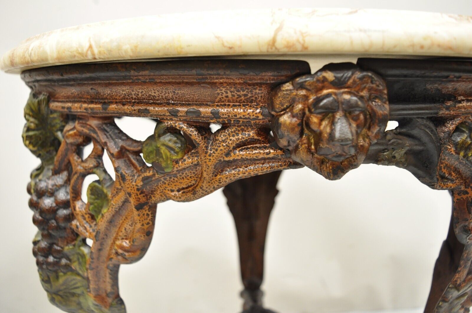 Antique English Victorian Cast Iron Round Marble Top Pub Table
