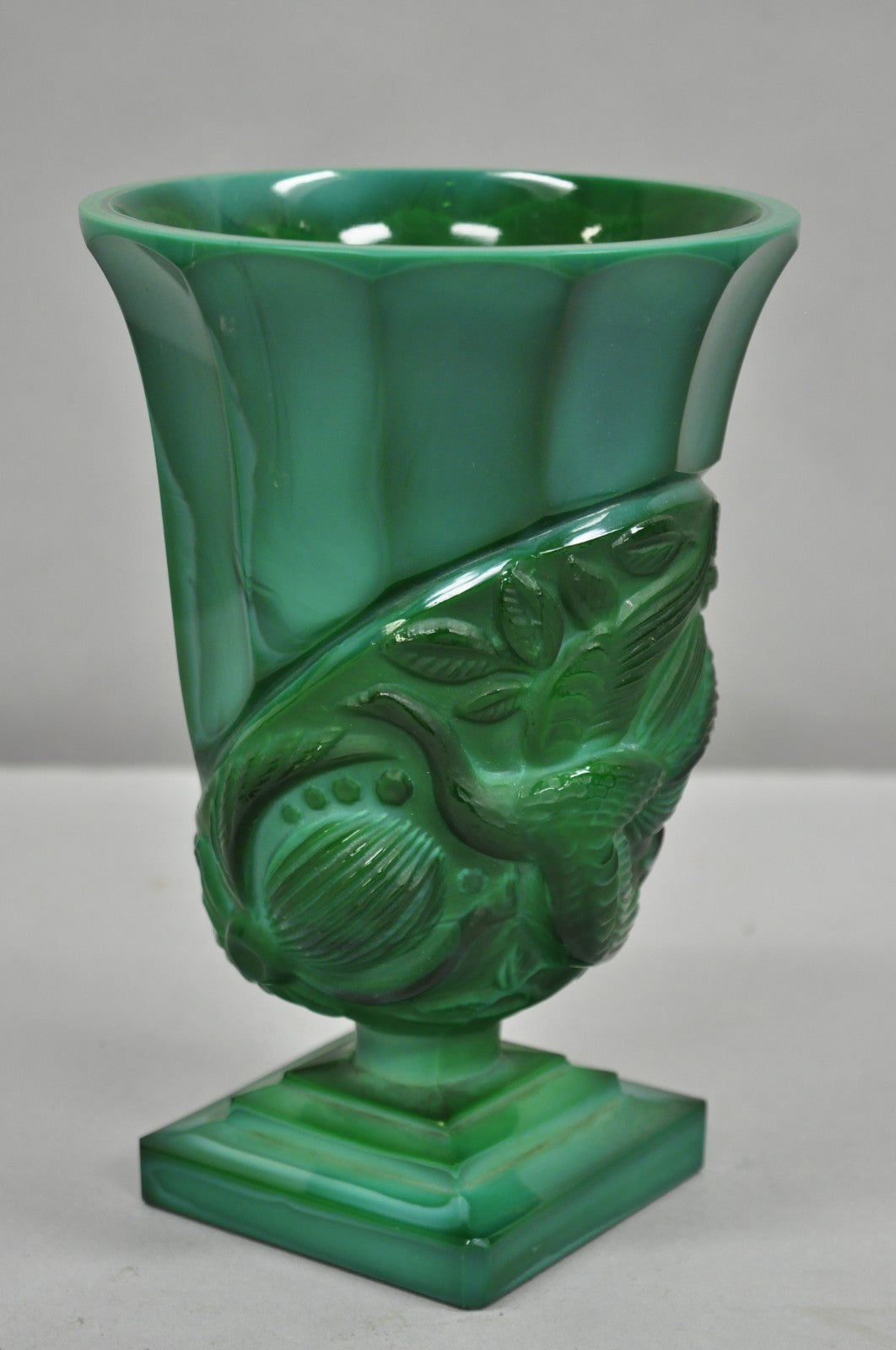 Antique Art Deco Malachite Jade Green Czech Glass Pedestal Vase with Bird