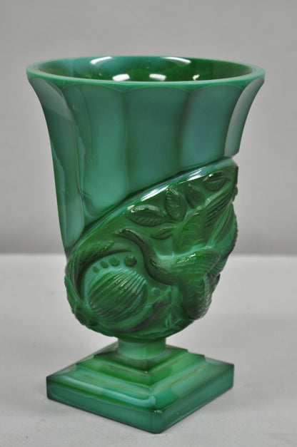 Antique Art Deco Malachite Jade Green Czech Glass Pedestal Vase with Bird