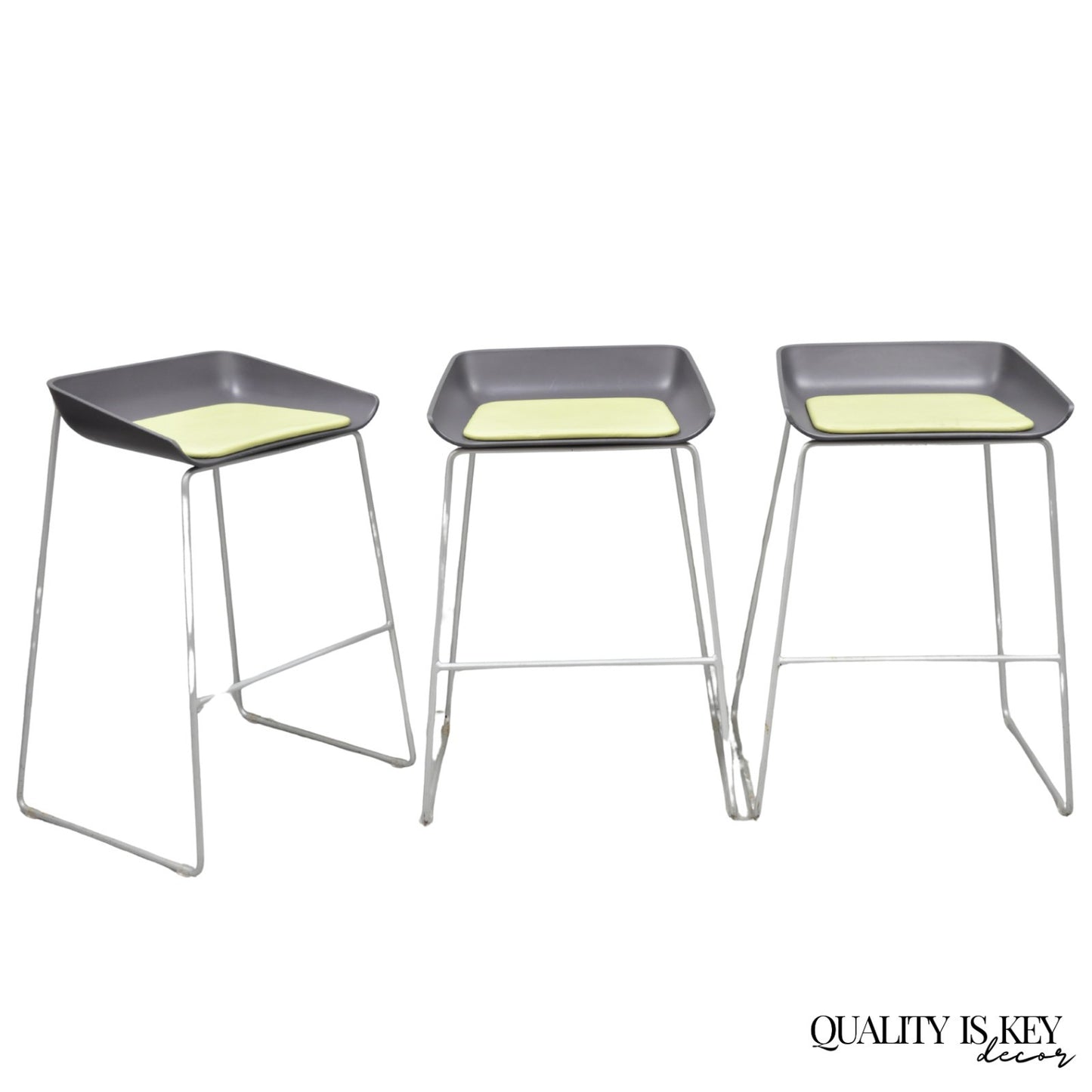 Turnstone by Steelcase Metal Scoop Barstool Stool w/ Green Cushion - Set of 3