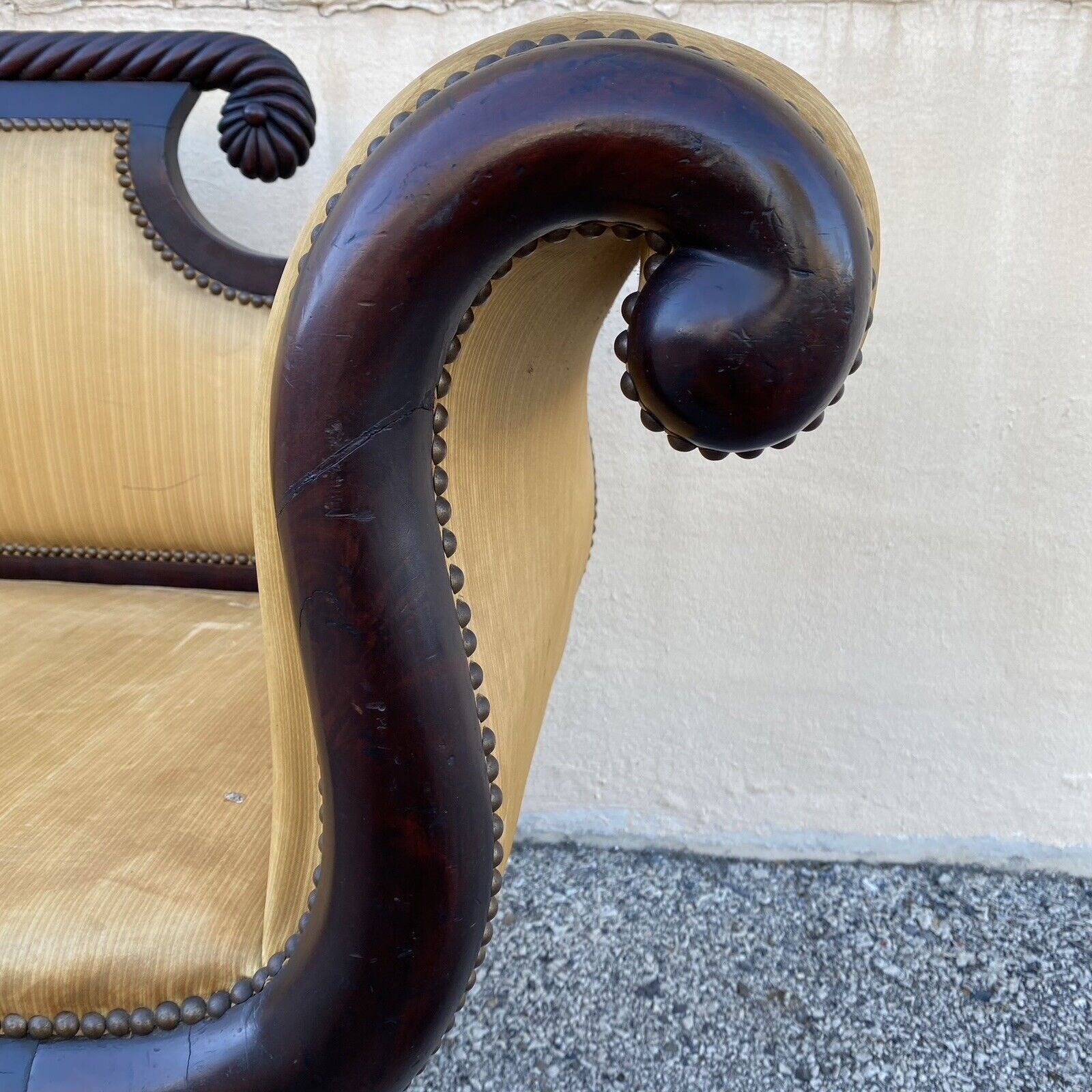 Antique American Empire Classical Carved Mahogany Paw Foot Rolled Arm Sofa