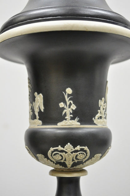 Antique Wedgwood Jasperware Black and White Urn Form Table Lamps - a Pair