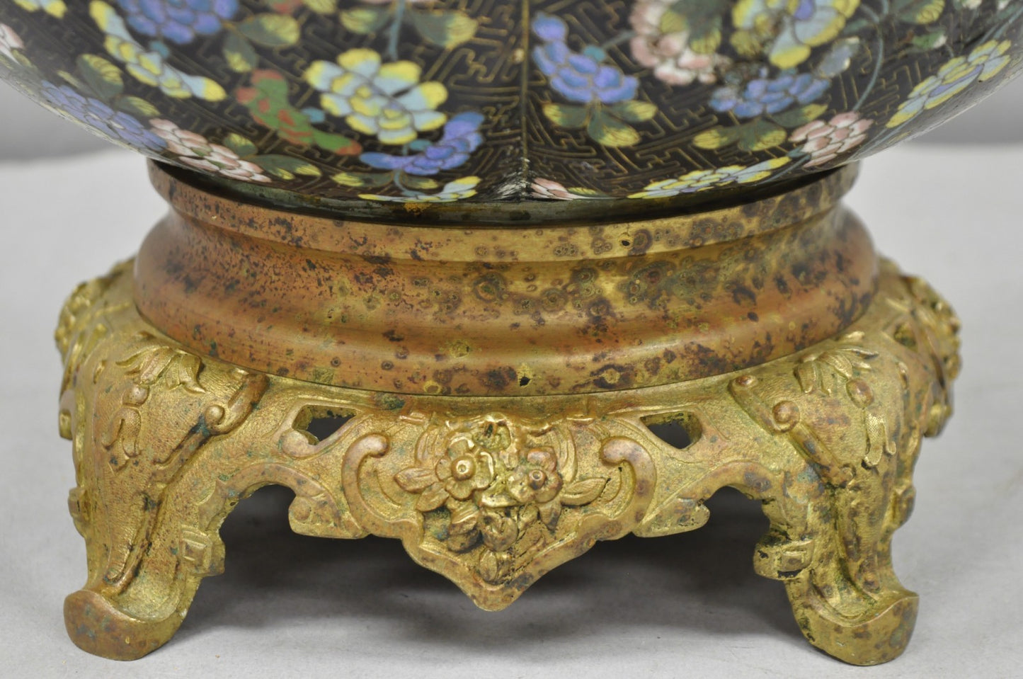 Antique Chinese Black Cloisonne Enamel Butterfly & Flower Bronze Cachepot Vase