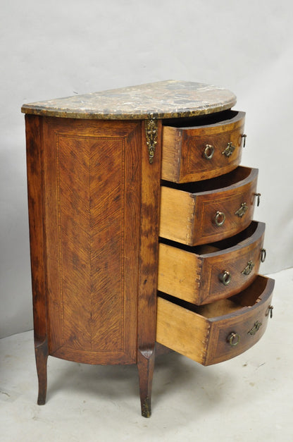 Antique French Louis XV Style Demilune Marble Top 4 Drawer Nightstand Table Pair