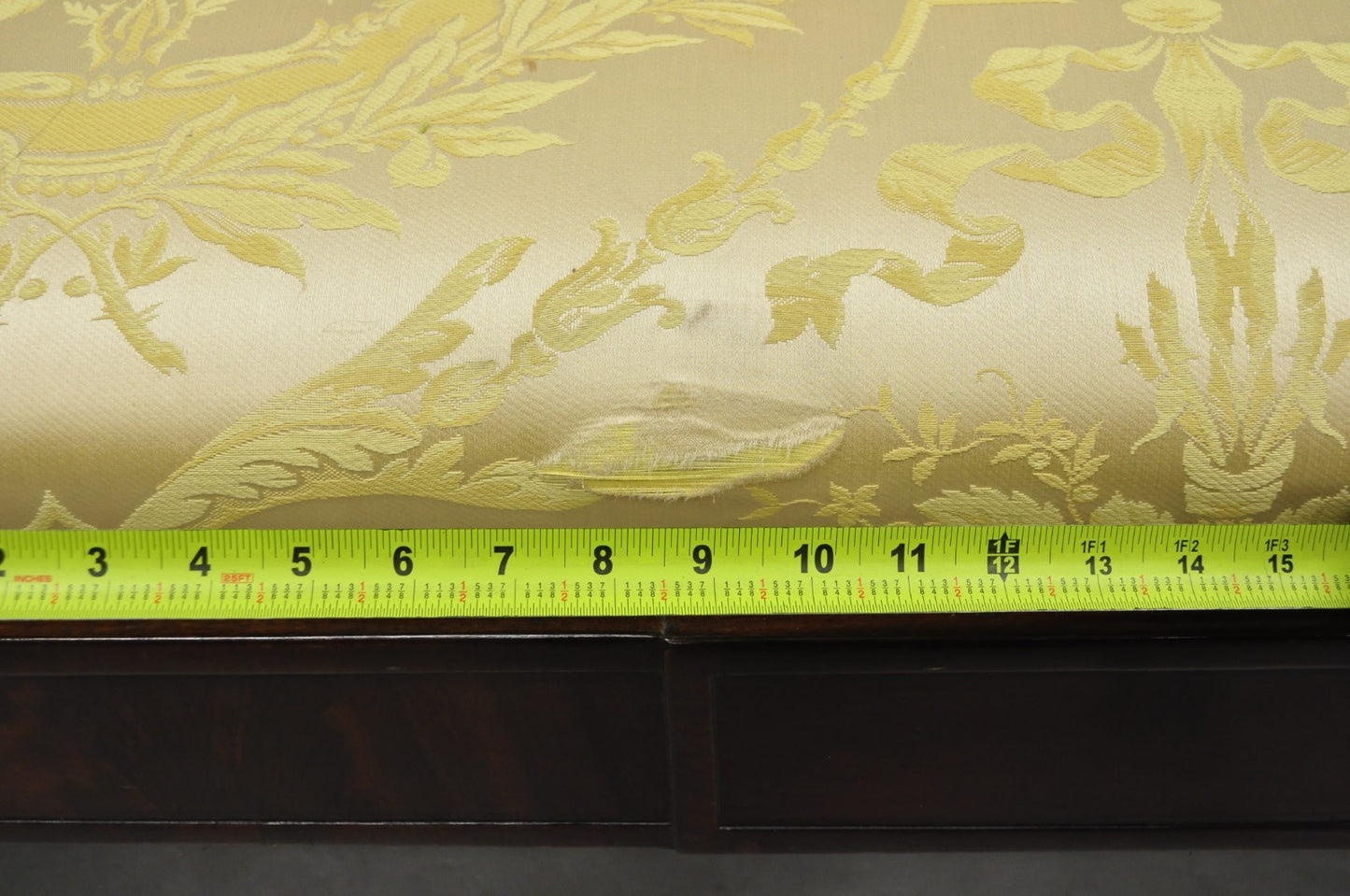 Antique American Empire Neoclassical Carved Mahogany Sofa with Gold Fabric
