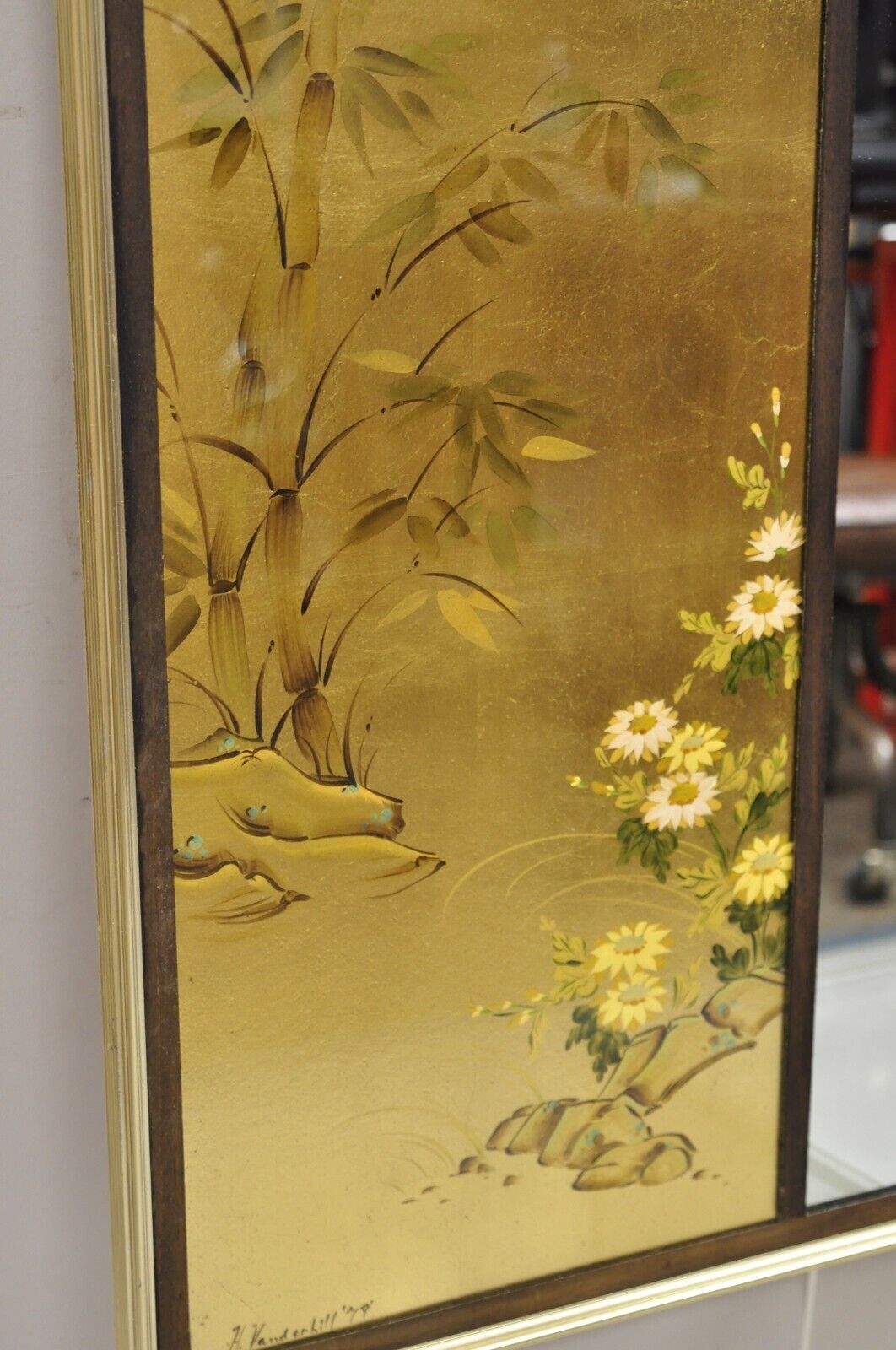 Vintage LaBarge Chinoiserie Floral Gold Gilt Decorated Rectangular Wall Mirror