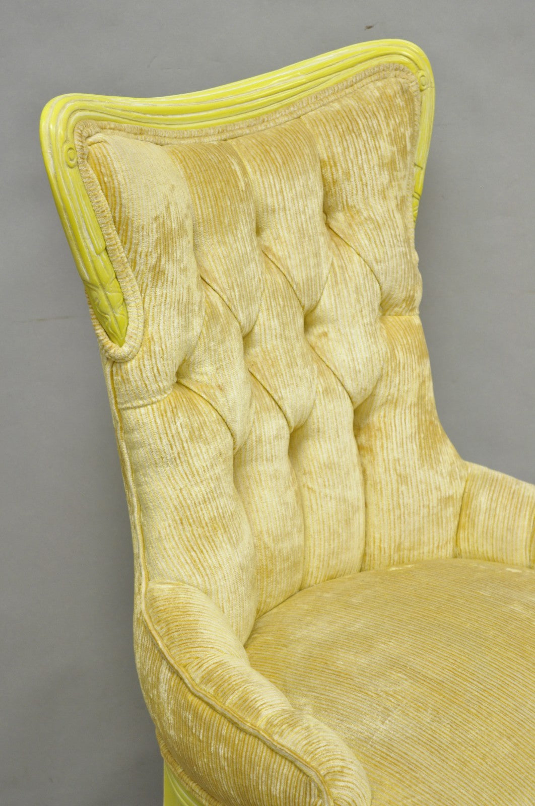 Vintage French Hollywood Regency Yellow Tufted Drape Carved Side Chairs - a Pair