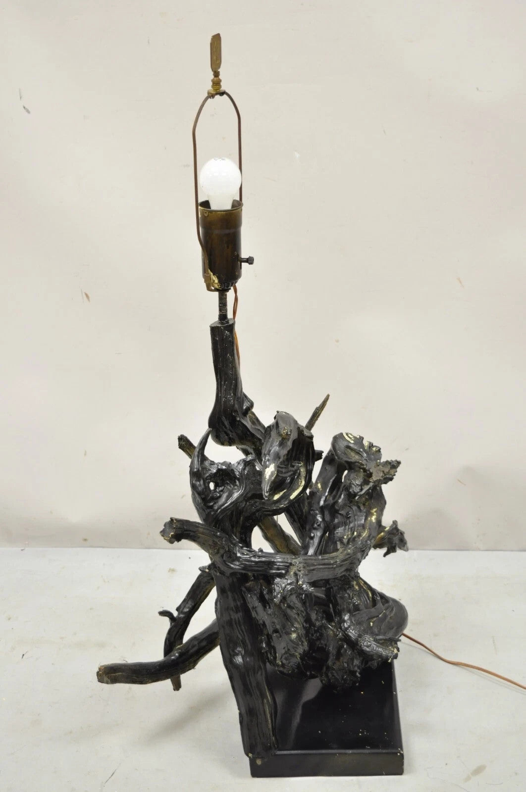 Vintage Mid Century Modern Large Driftwood Wooden Black Sculptural Table Lamp