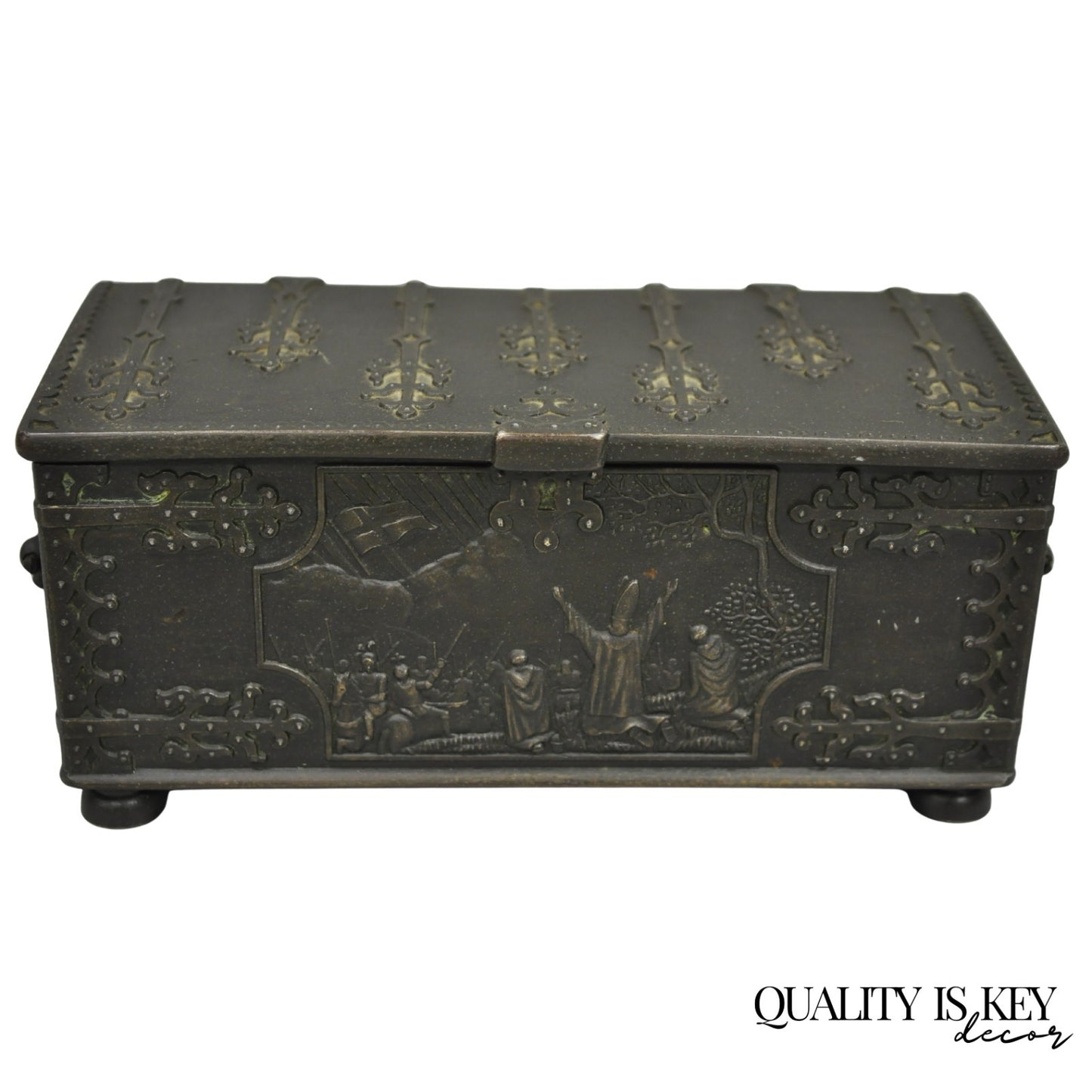 Antique "Iron Art" Denmark Bronze Trinket Jewelry Box Casket "Battle of Estonia"