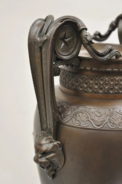19th C Alfred Daubree French Neoclassical Bronze Figural Urn Vase with Lions