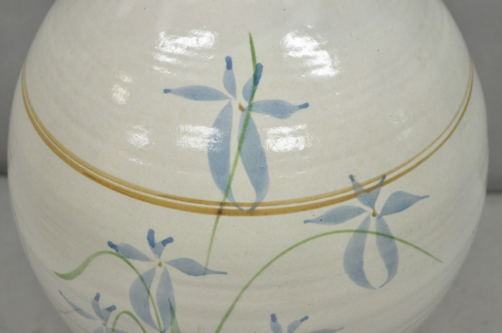 Vintage French Country Large Blue Flower Stoneware Pottery Vase Table Lamp