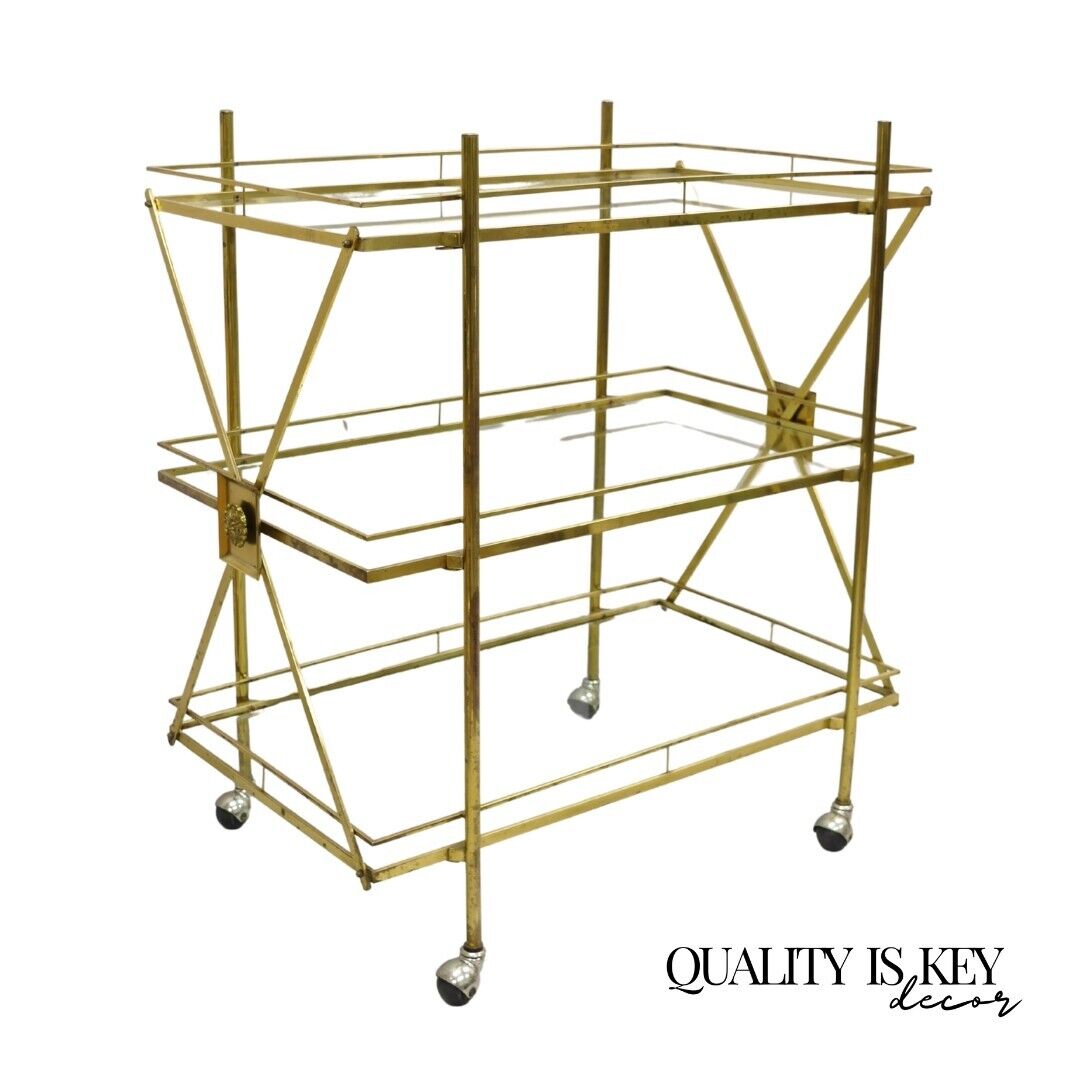 Mid Century Italian Modern 3 Tier Brass & Glass X-Frame Rolling Server Bar Cart