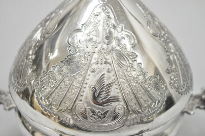 Antique English Art Nouveau Silver Plated Covered Butter Serving Dish w / Birds