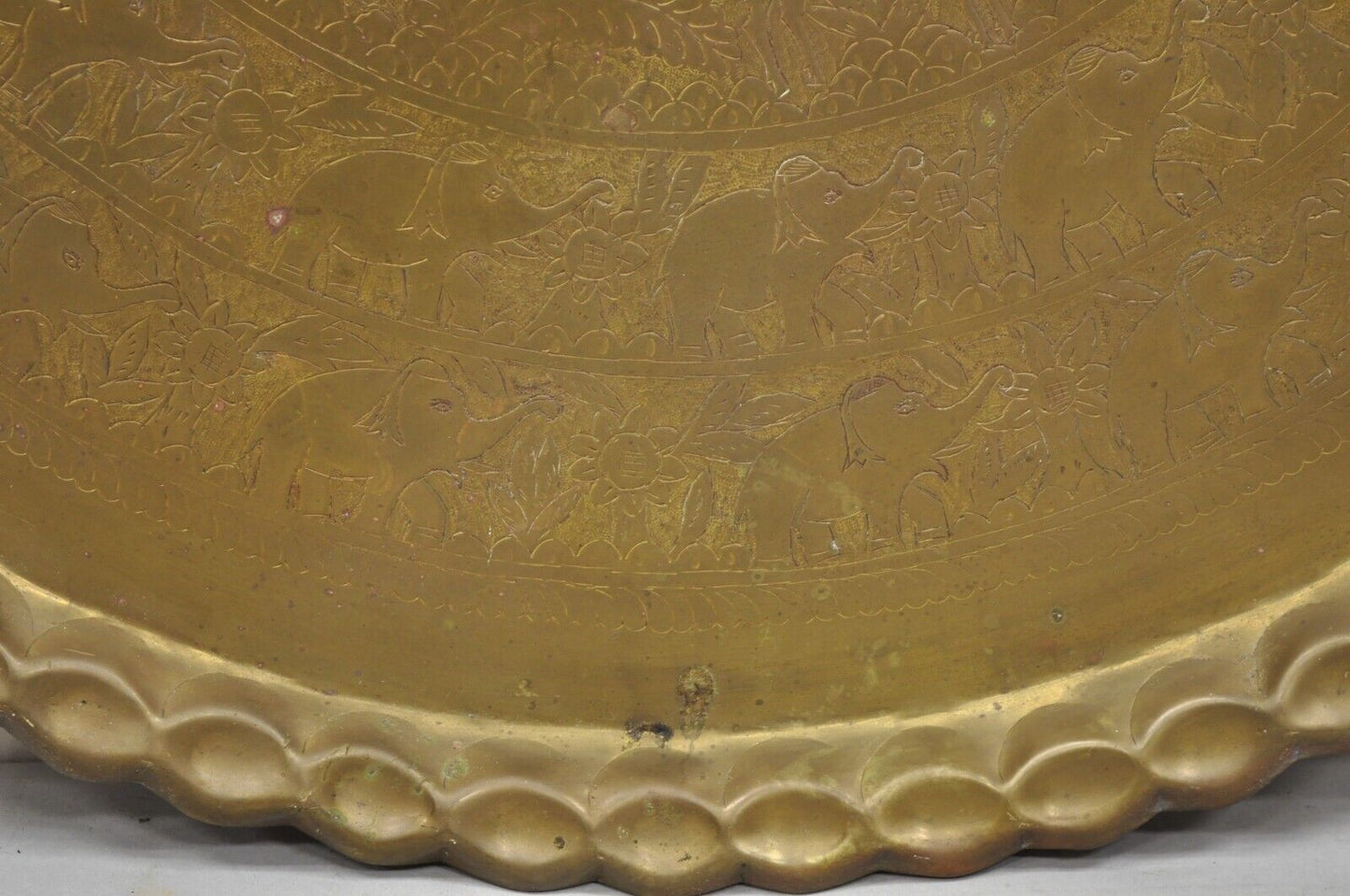 Vintage Moroccan Middle Eastern Large Brass Animal Engraved 46" Round Tray Top