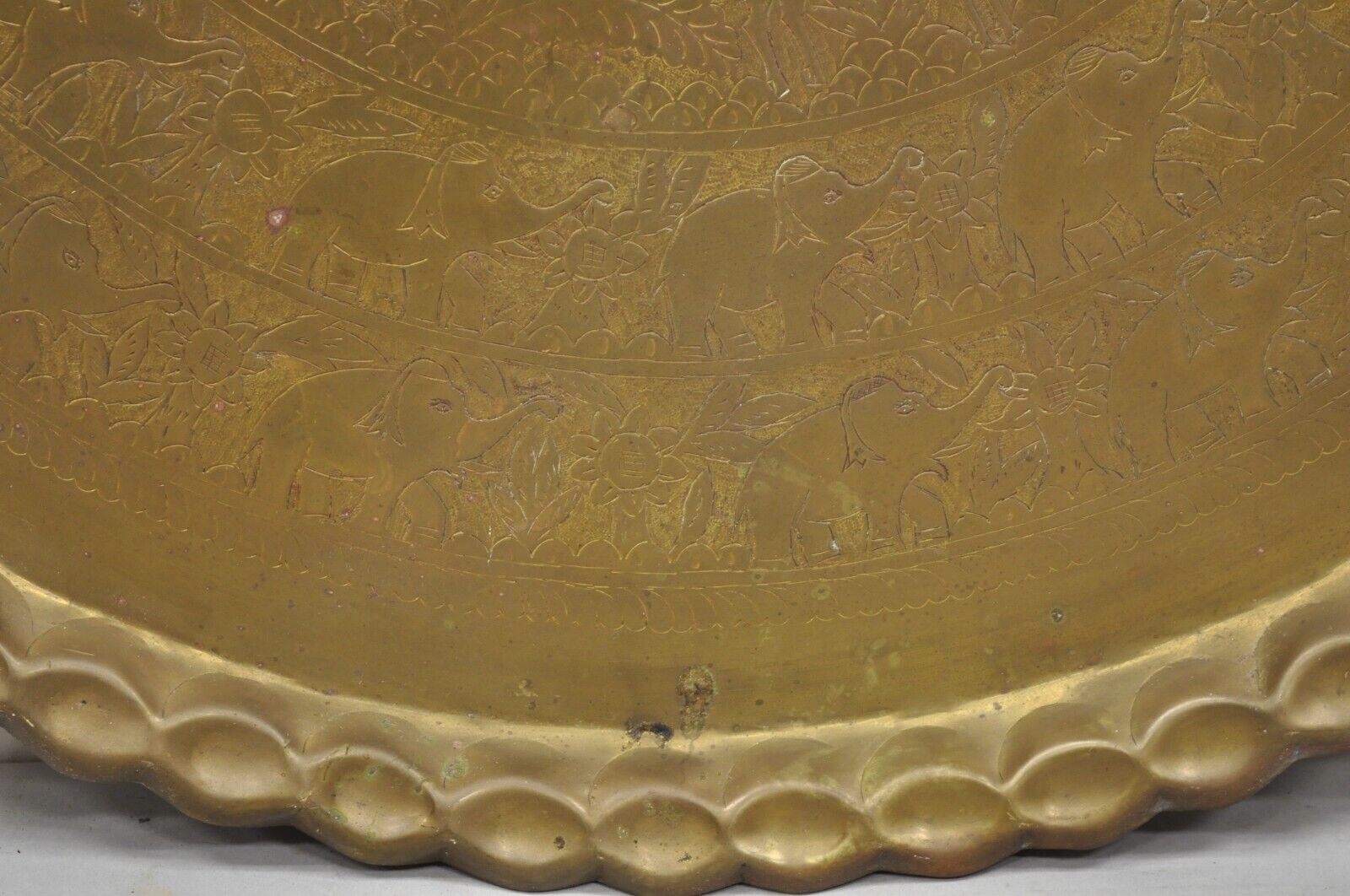 Vintage Moroccan Middle Eastern Large Brass Animal Engraved 46" Round Tray Top