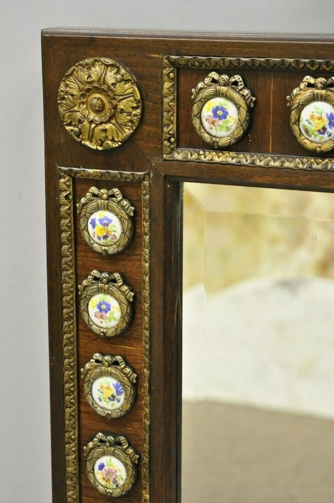 Vintage French Louis XV Style Brass Ormolu and Porcelain Plaque Wall Mirror