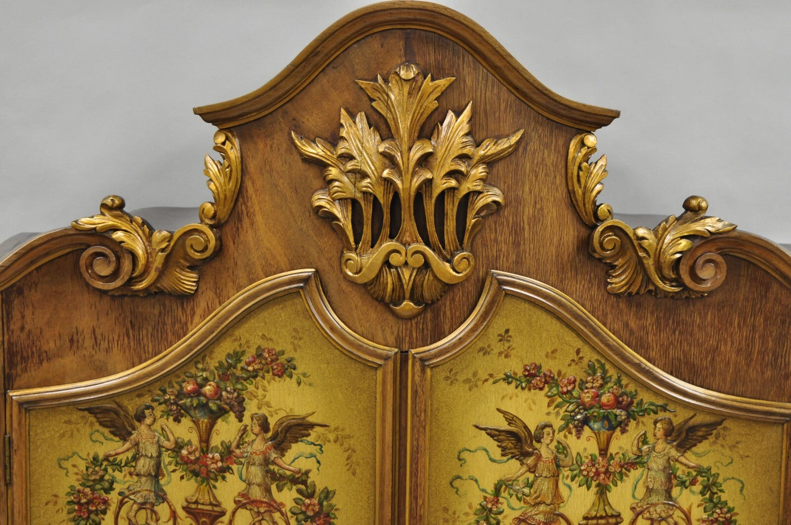 French Rococo Carved Walnut Hand Painted Louis XV Style Blind China Cabinet Bar