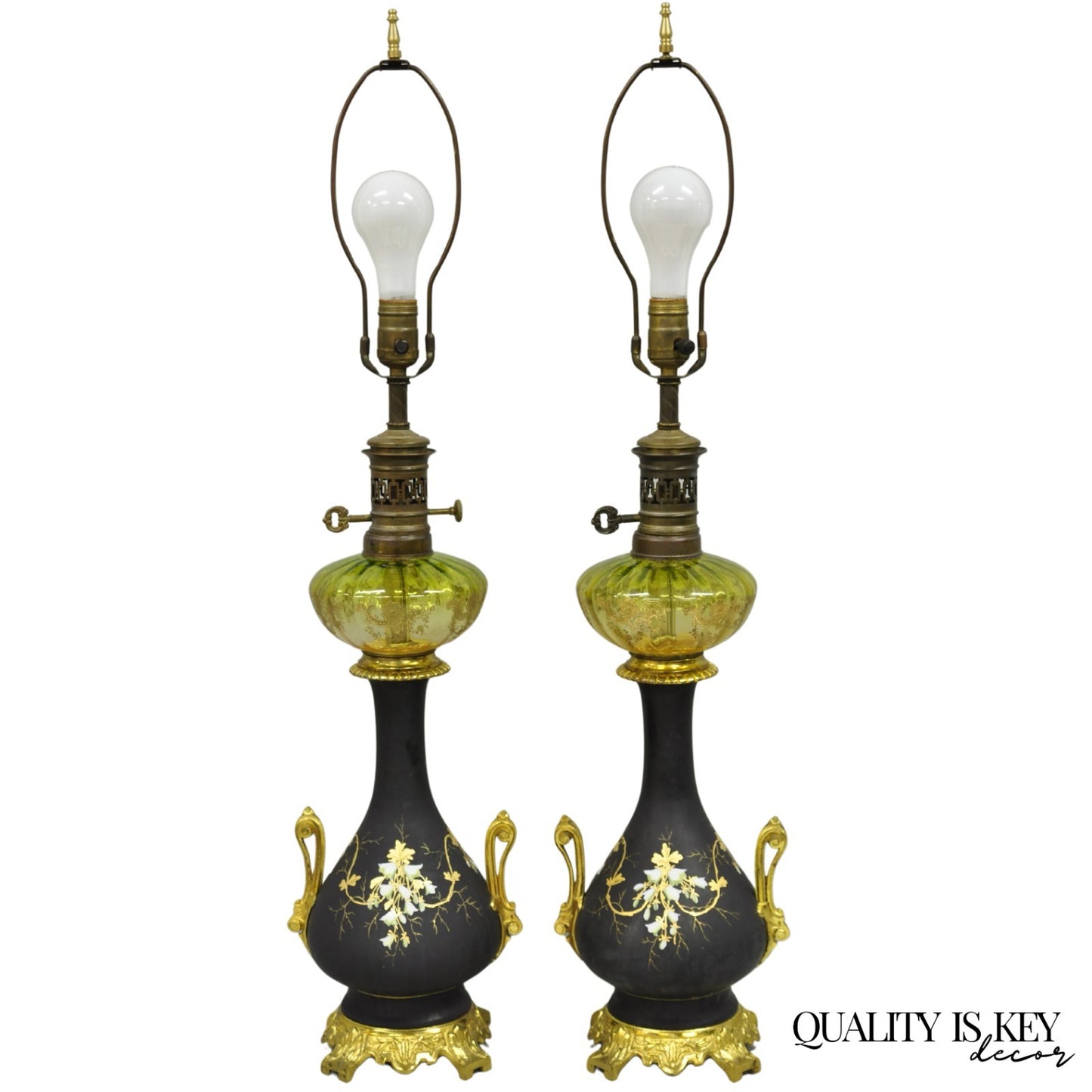 Antique Victorian French Black Porcelain Bronze Ormolu Oil Lamp Table Lamps Pair