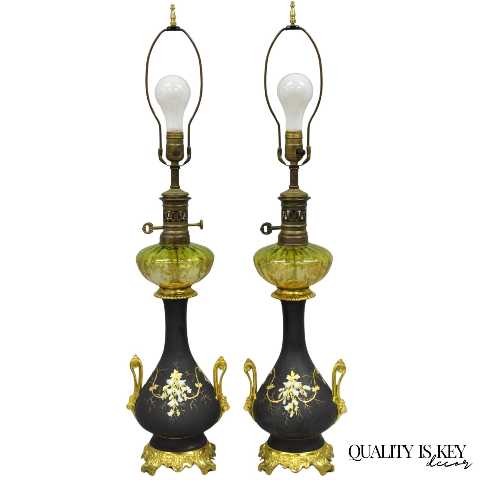 Antique Victorian French Black Porcelain Bronze Ormolu Oil Lamp Table Lamps Pair