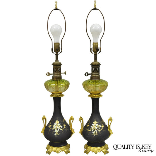 Antique Victorian French Black Porcelain Bronze Ormolu Oil Lamp Table Lamps Pair