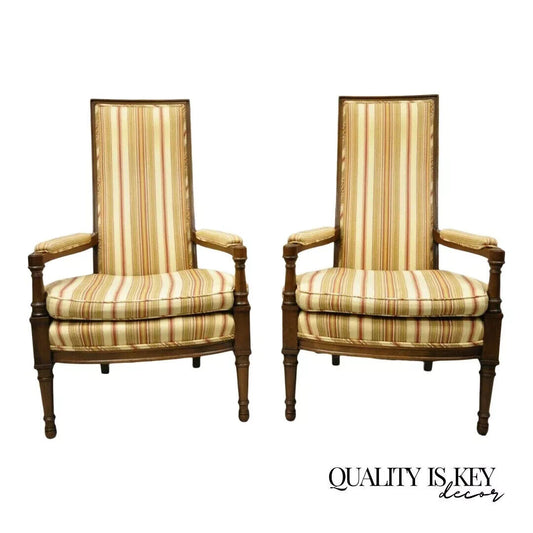 Vintage Hollywood Regency French Style High Back Upholstered Arm Chairs - a Pair