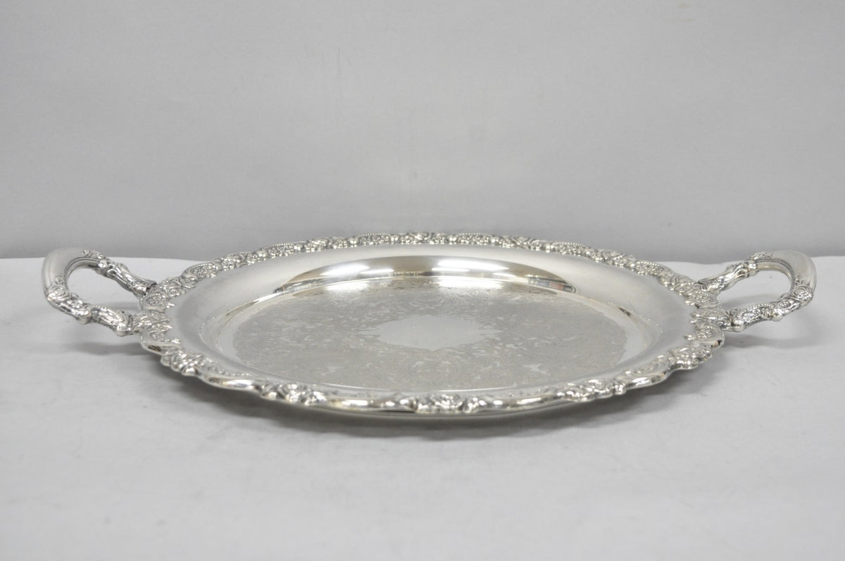 Vintage Oneida Victorian Round Silver Plated Serving Platter Tray w/ Handles