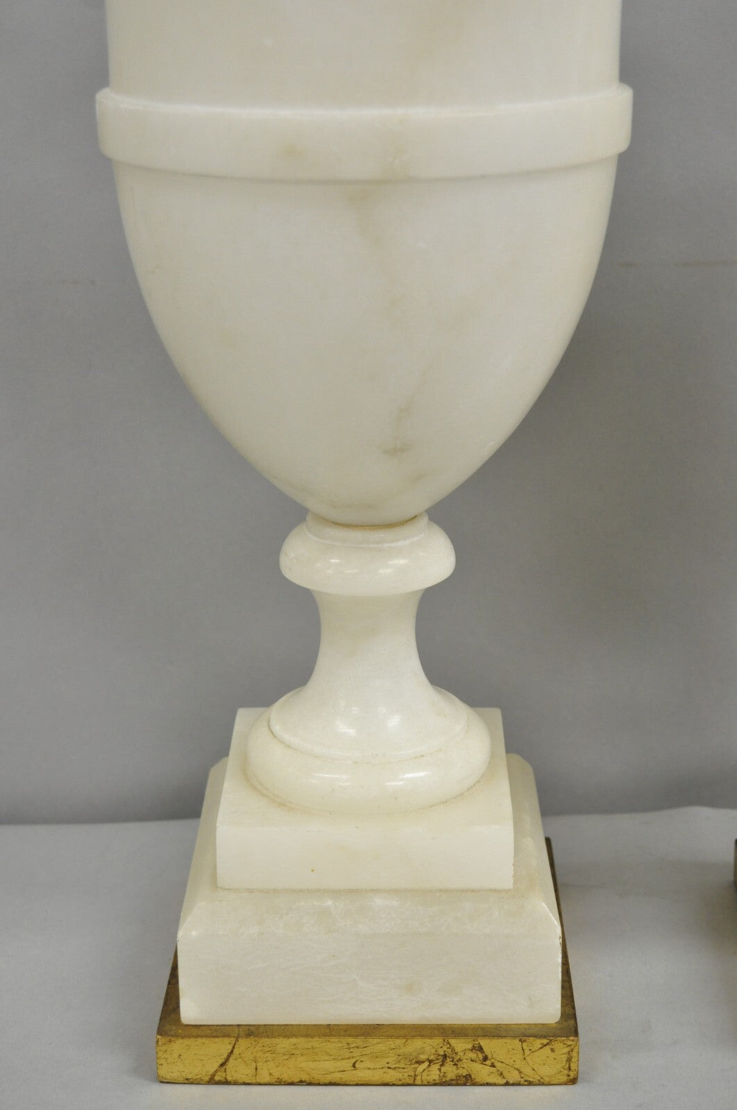 Italian Neoclassical Large Carved Solid Alabaster Marble Urn Table Lamps - Pair