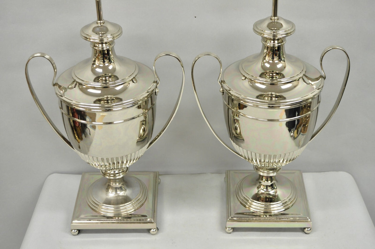 English Regency Style French Empire Silver Plated Large Urn Table Lamps - Pair