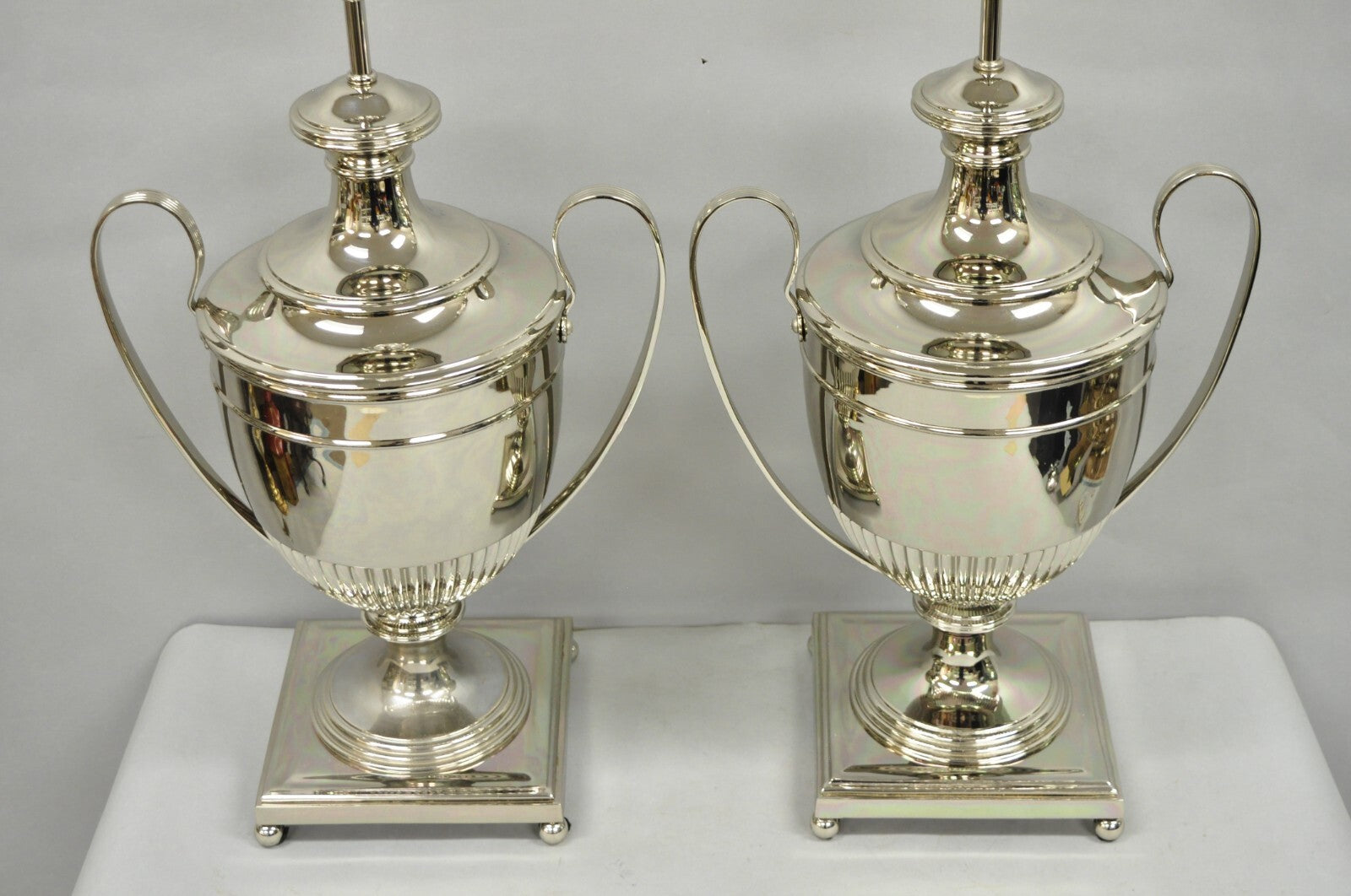 English Regency Style French Empire Silver Plated Large Urn Table Lamps - Pair