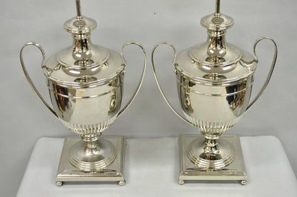 English Regency Style French Empire Silver Plated Large Urn Table Lamps - Pair