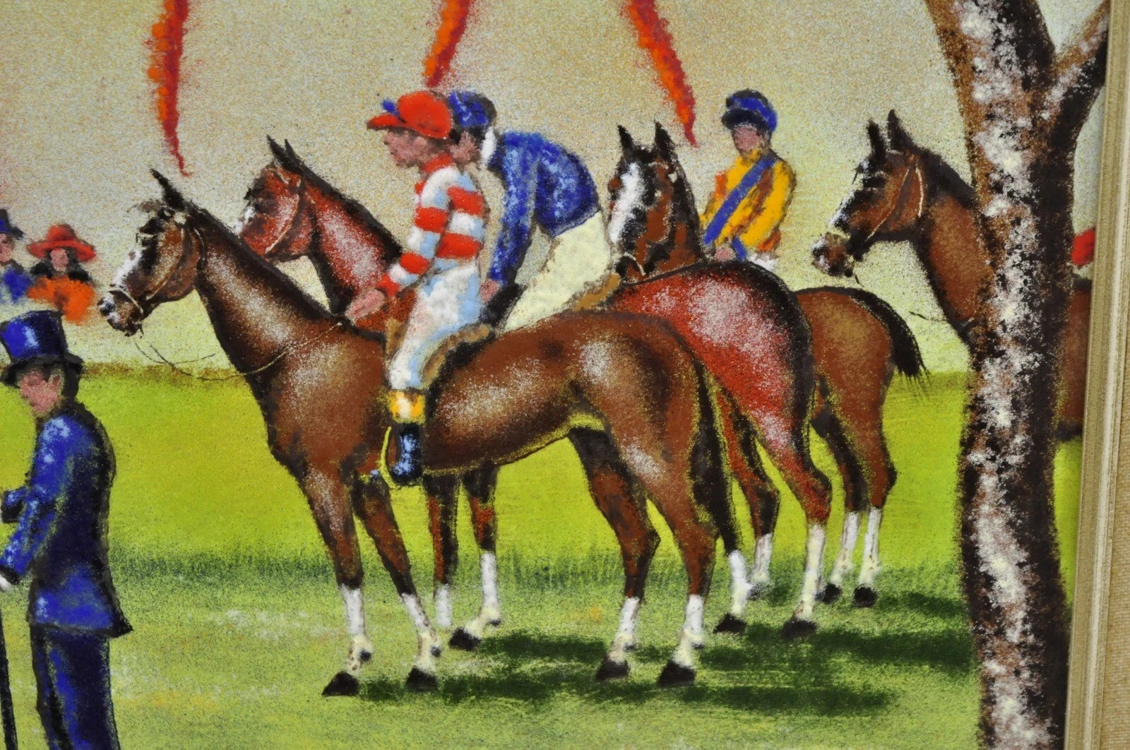 Dom Dominic Mingolla Enamel on Copper Framed Painting Horse Jockey Race Derby