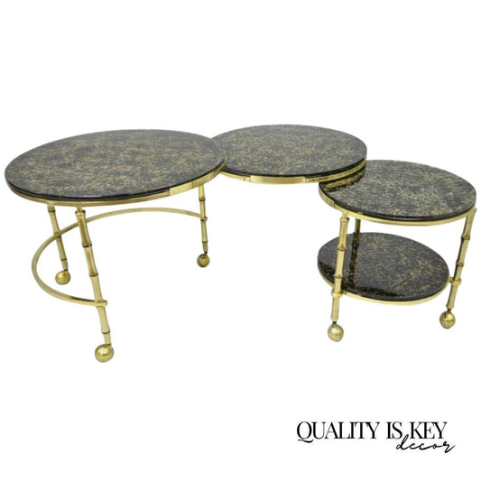 Hollywood Regency Brass & Glass Faux Bamboo Round Nesting Side Coffee Table