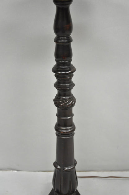 Antique Chinoiserie English Regency Black Lacquer Carved Wood Floor Lamp Table