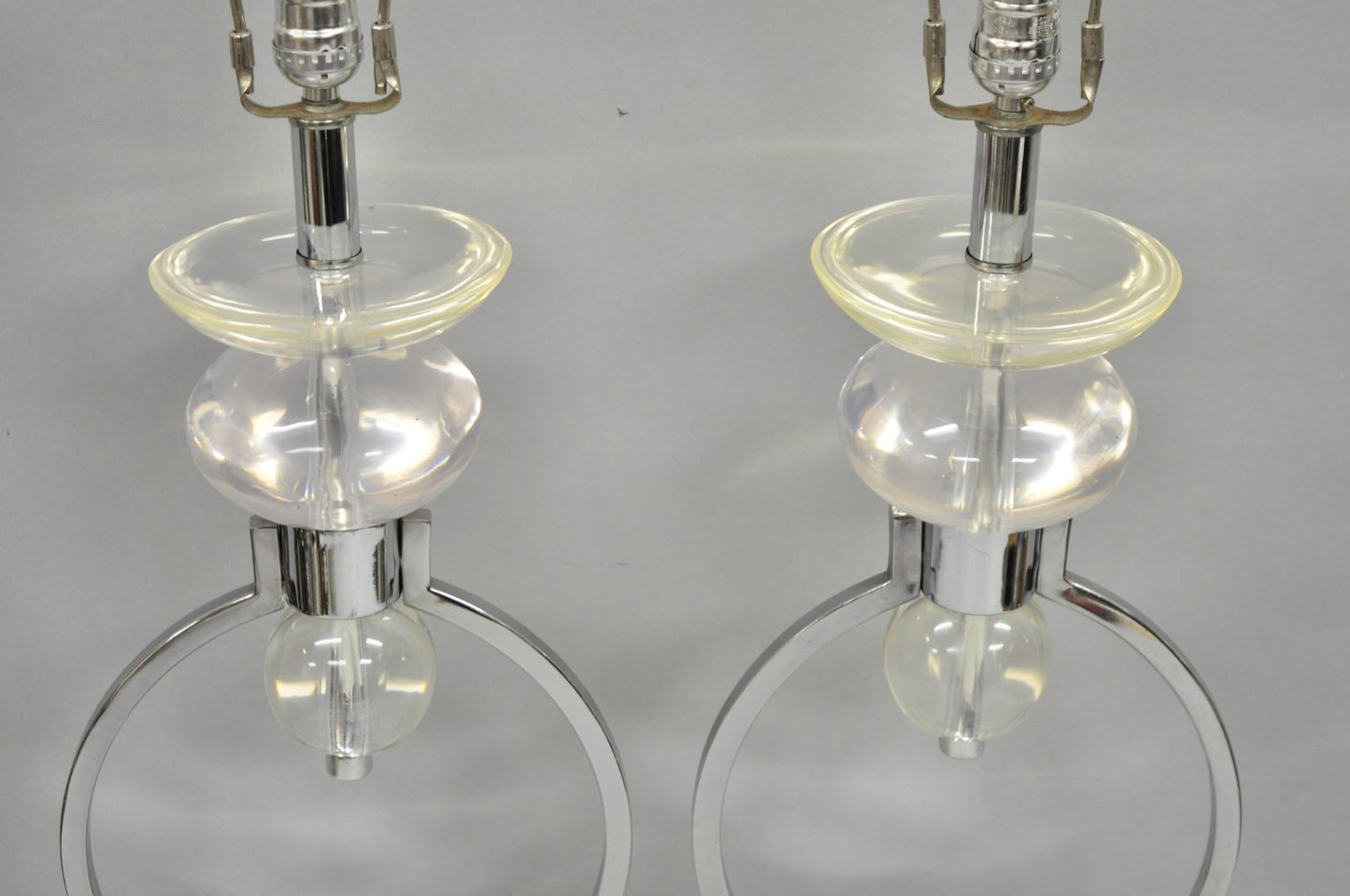 Vintage Postmodern MCM Hivo Van Teal Sculptural Lucite & Chrome Table Lamps Pair