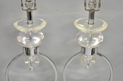 Vintage Postmodern MCM Hivo Van Teal Sculptural Lucite & Chrome Table Lamps Pair