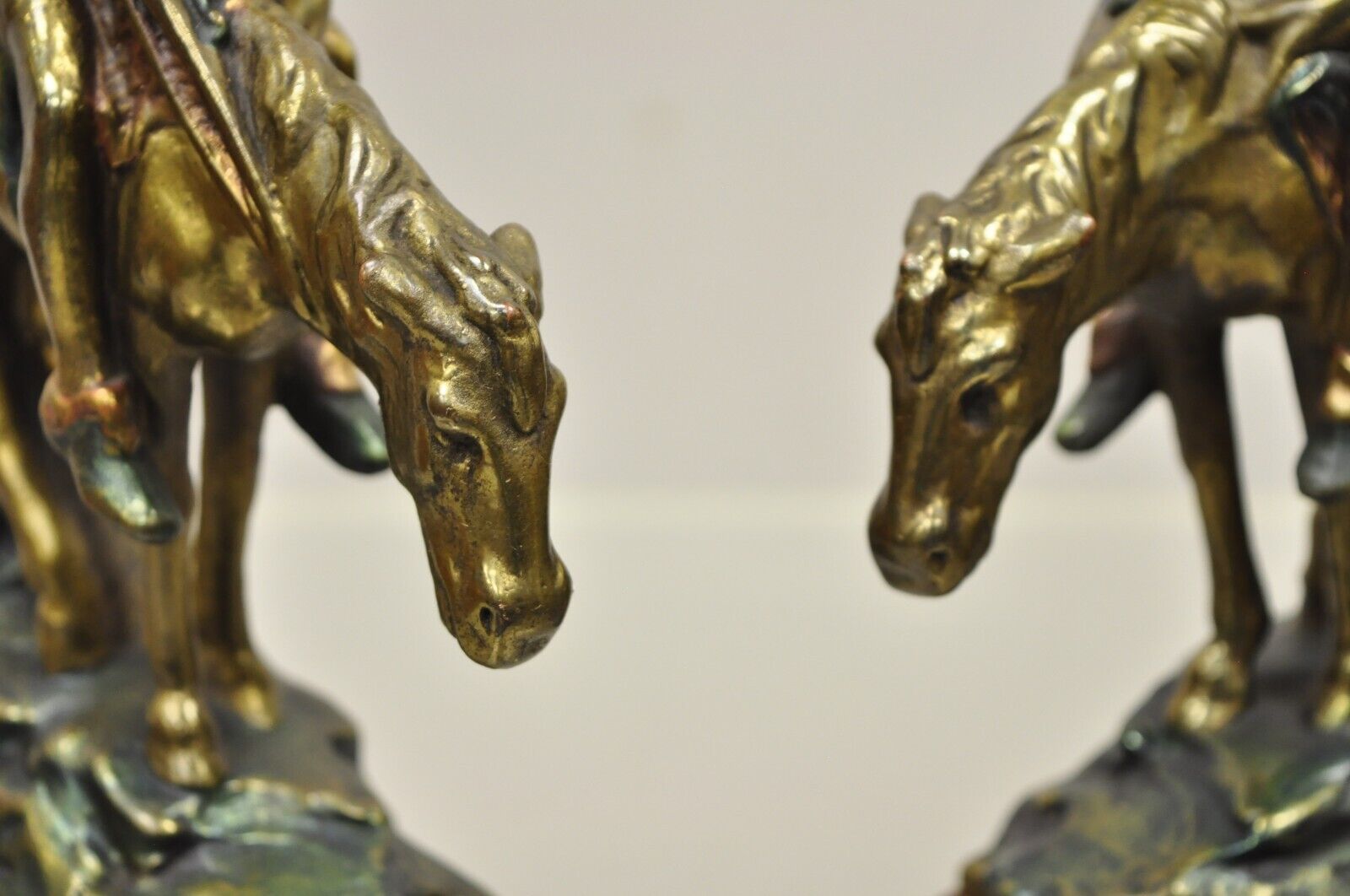 Vintage Bronze Clad 8" End of Trail Indian on Horse Figure Bookends - a Pair