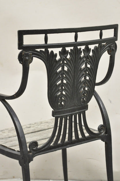 Antique French Regency Style Cast Iron Wooden Slat Garden Arm Chair