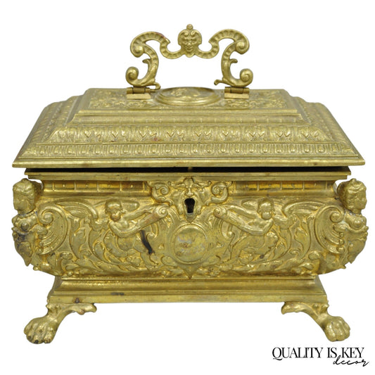 Antique French Renaissance Figural Bronze Casket Jewelry Box with Cherubs