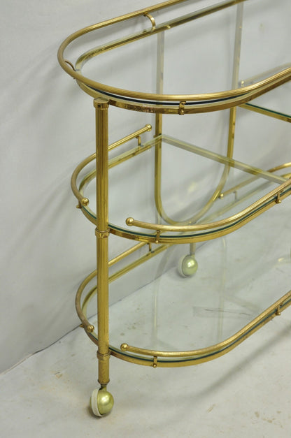 Vintage Mid Century Modern Brass 3 Tier Oval Frame Rolling Bar Cart Server Table