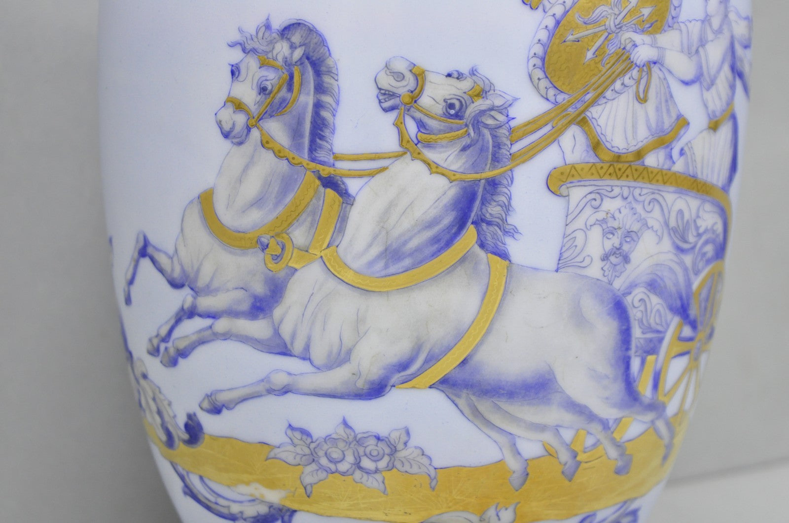 Vintage Greco Roman Classical Style Light Blue Porcelain Horse & Chariot Vase