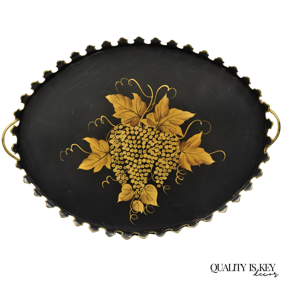 Vintage French Country Black and Gold Hand Painted Oval Toleware Serving Tray