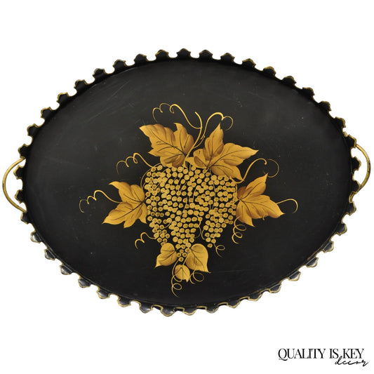 Vintage French Country Black and Gold Hand Painted Oval Toleware Serving Tray