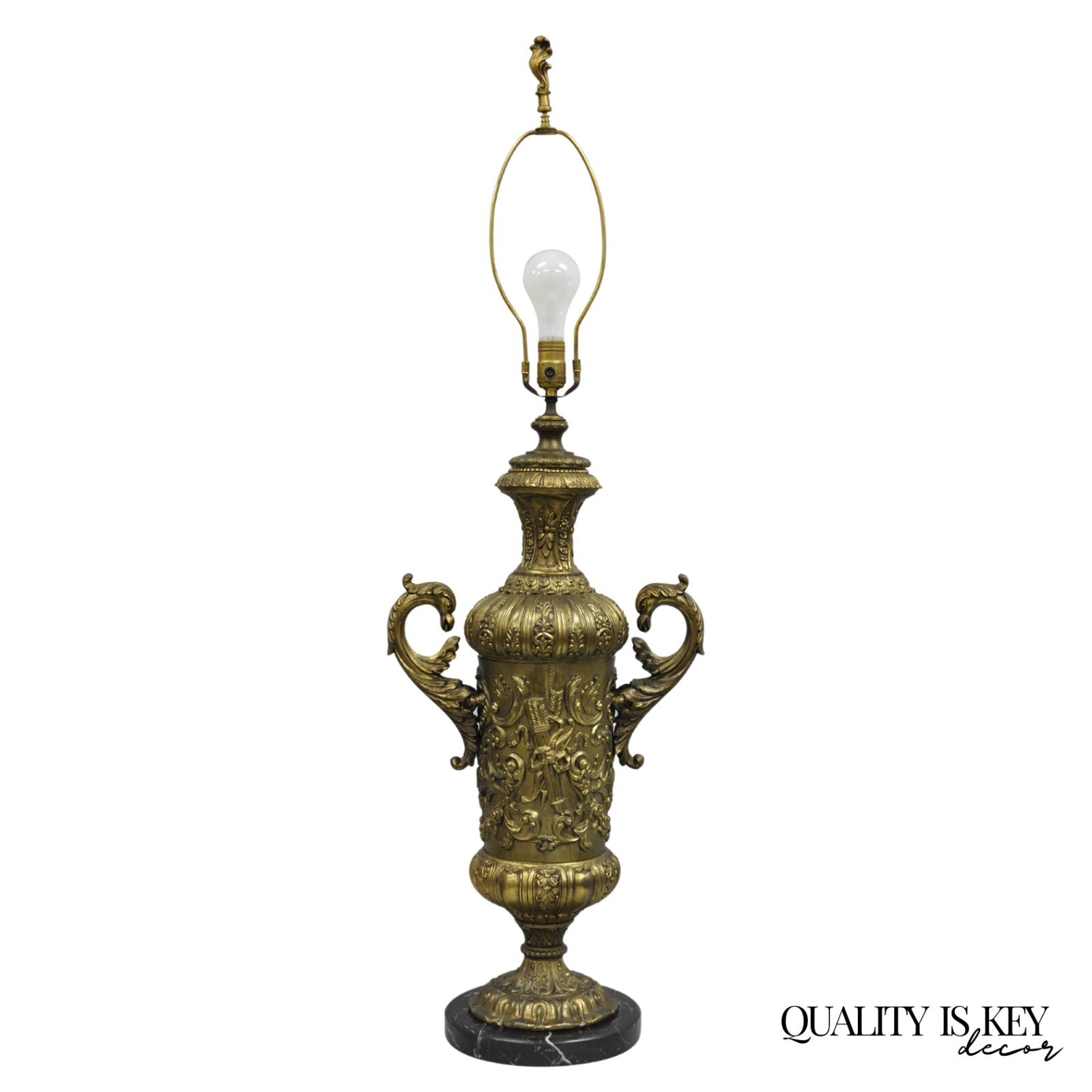Antique Italian Renaissance Gold Bronze Figural Twin Handle Urn Large Table Lamp