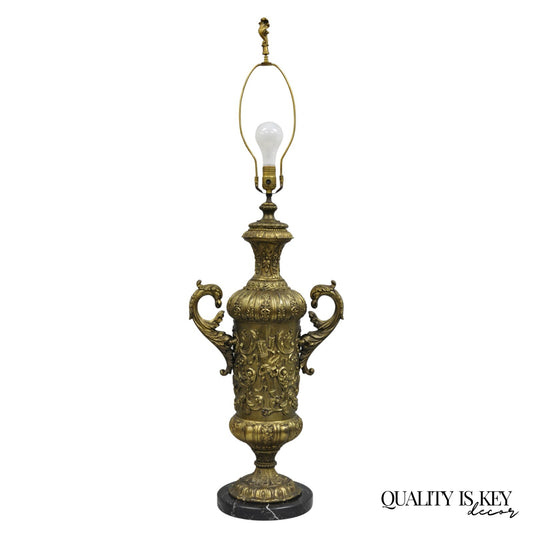 Antique Italian Renaissance Gold Bronze Figural Twin Handle Urn Large Table Lamp